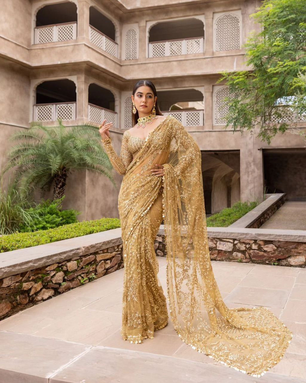 Gold Net Saree