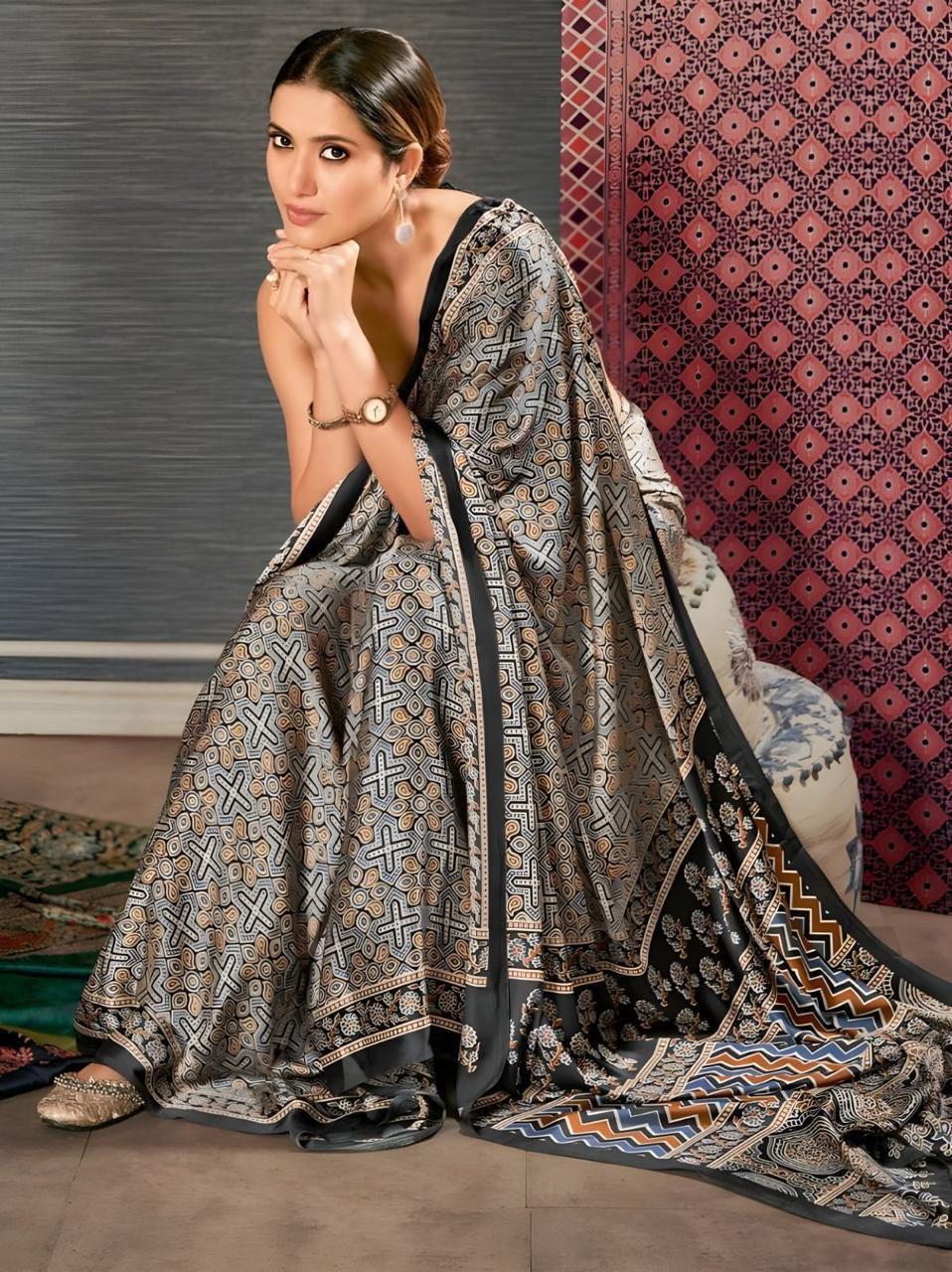 Ajrakh Digital Print Chinon Fabric Saree With Very Soft in Texture
