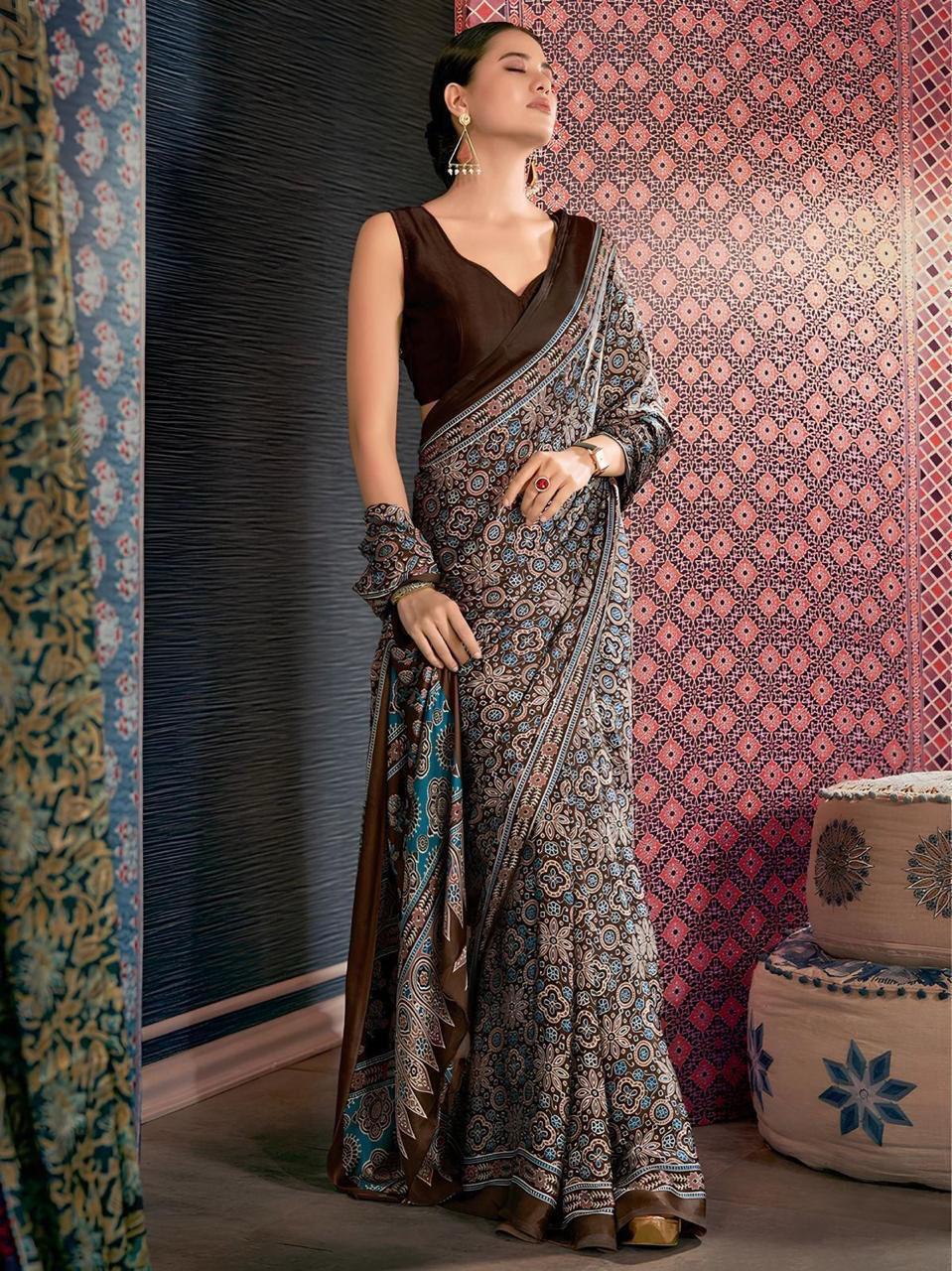 Ajrakh Digital Print Chinon Fabric Saree With Very Soft in Texture