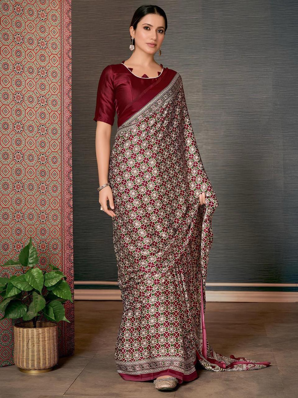 Ajrakh Digital Print Chinon Fabric Saree With Very Soft in Texture