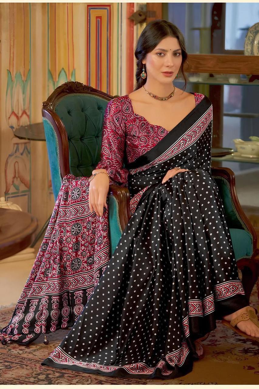Ajrakh Digital Print Chinon Fabric Saree With Very Soft in Texture