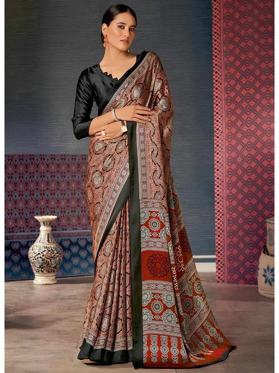 Ajrakh Digital Print Chinon Fabric Saree With Very Soft in Texture
