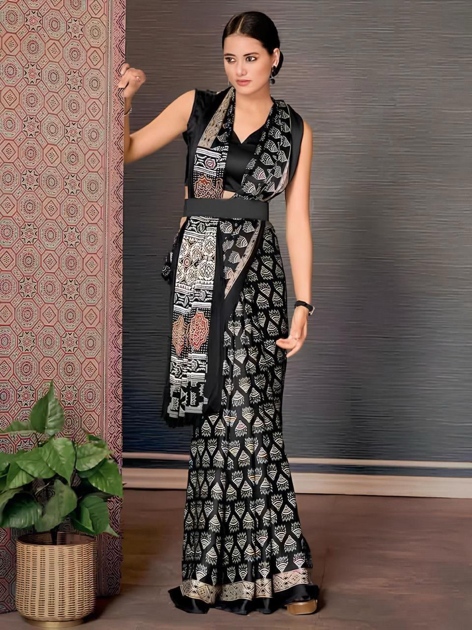 Ajrakh Digital Print Chinon Fabric Saree With Very Soft in Texture