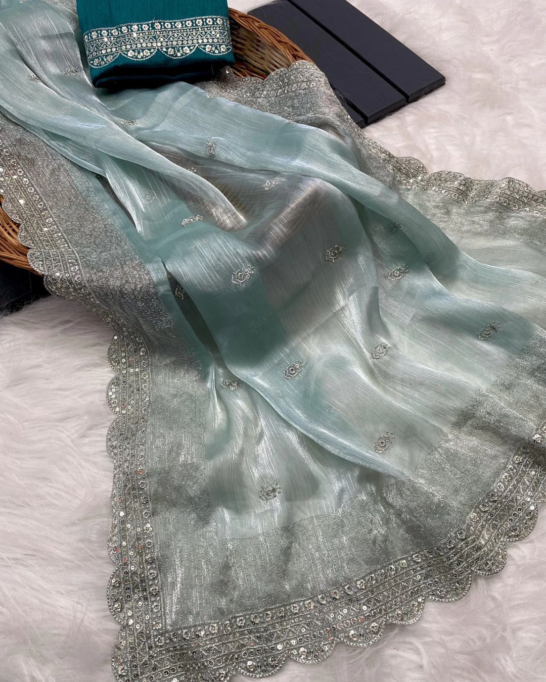 new designer heavy embrodery work saree with silk fabric