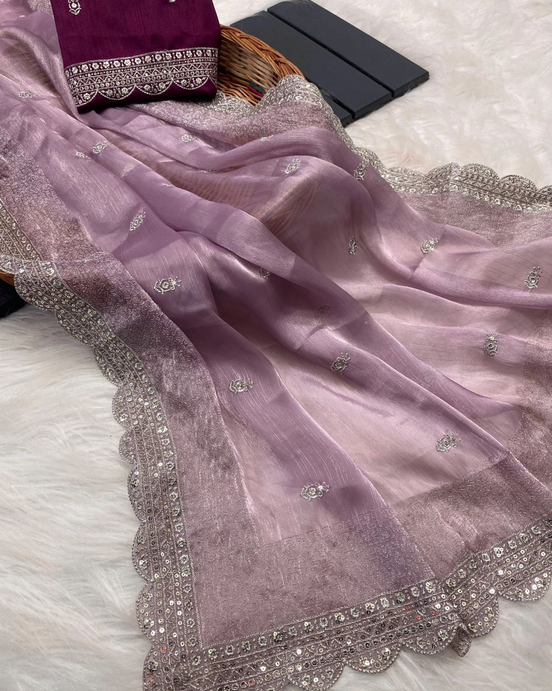 new designer heavy embrodery work saree with silk fabric