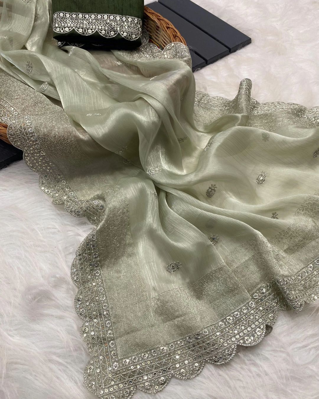 new designer heavy embrodery work saree with silk fabric
