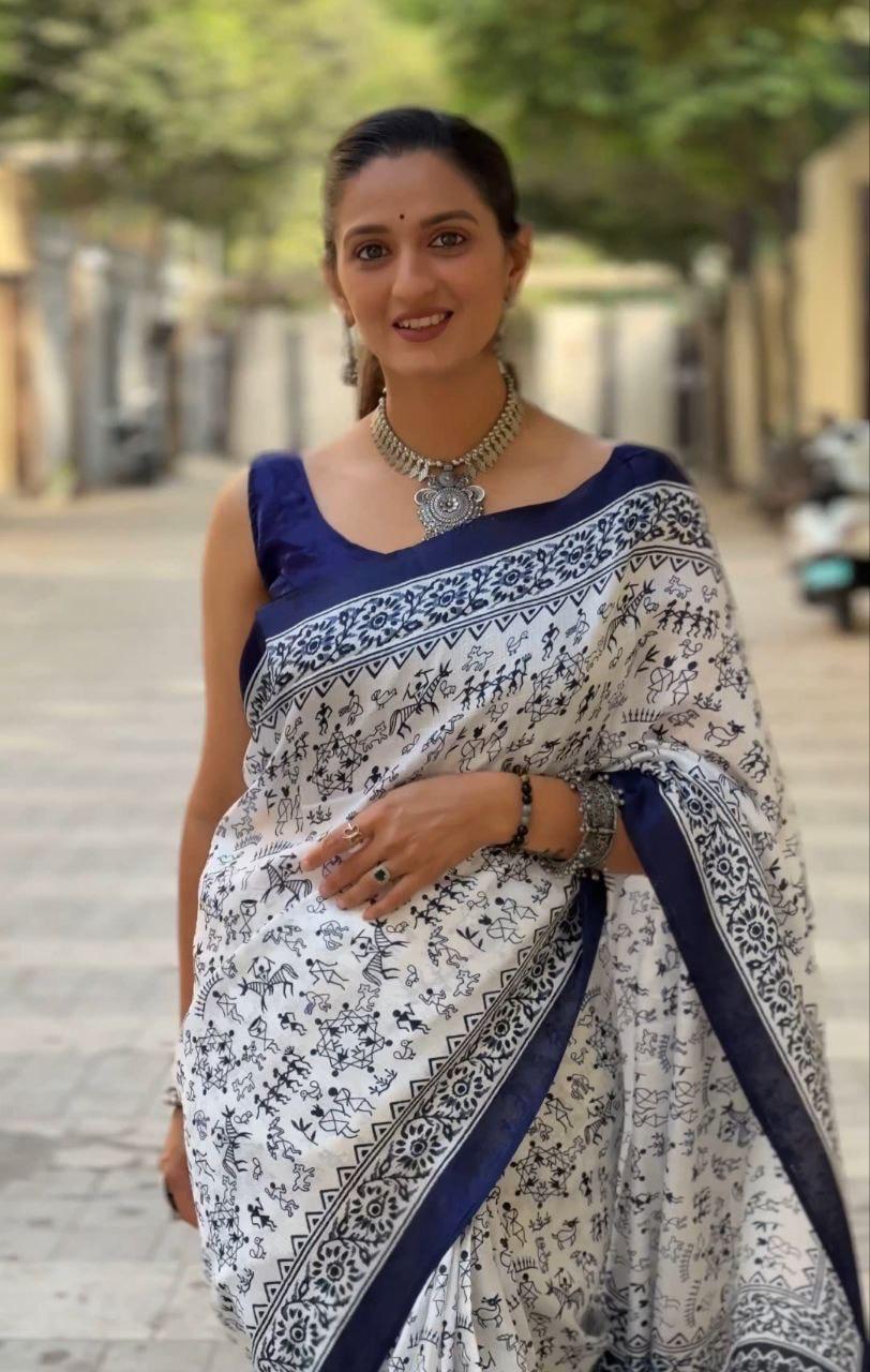 Lvsakhi Chaapa Silk Warli Print Saree