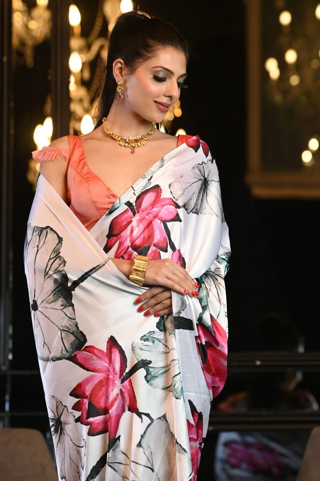 Collection of Satin,Pure Satin Sarees in Floral prints.
