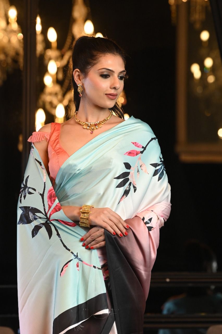 Collection of Satin,Pure Satin Sarees in Floral prints