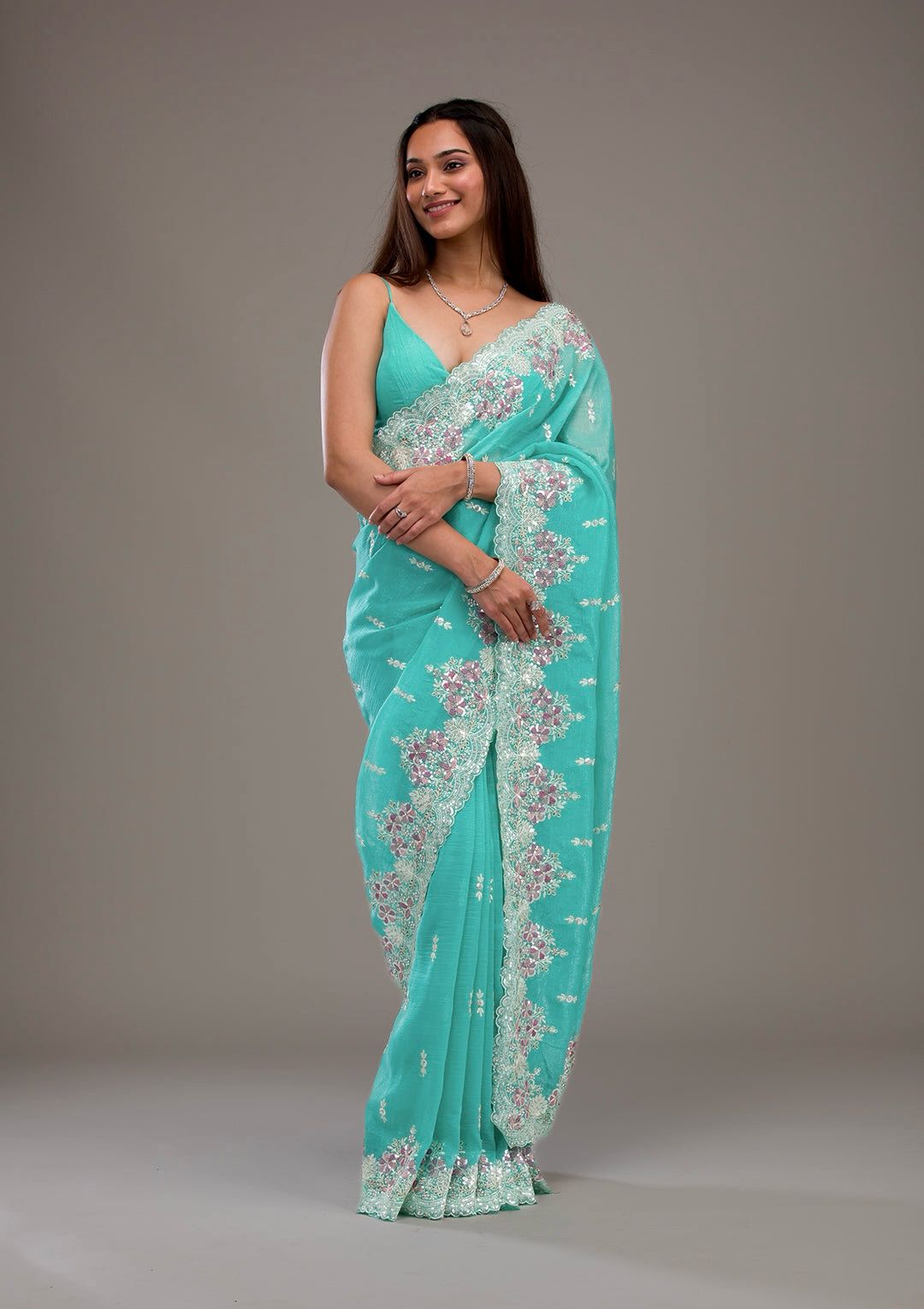 LV-SAKHI Heavy Embroidery Threads & Sequins Work With Fancy CutWork Border