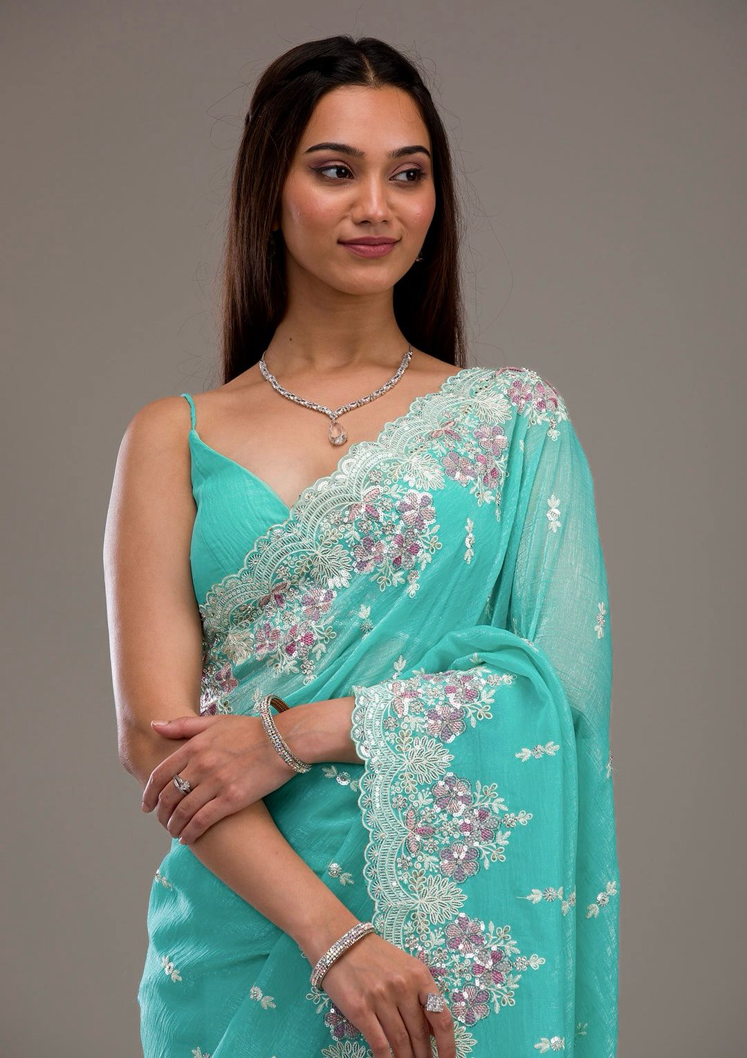 LV-SAKHI Heavy Embroidery Threads & Sequins Work With Fancy CutWork Border