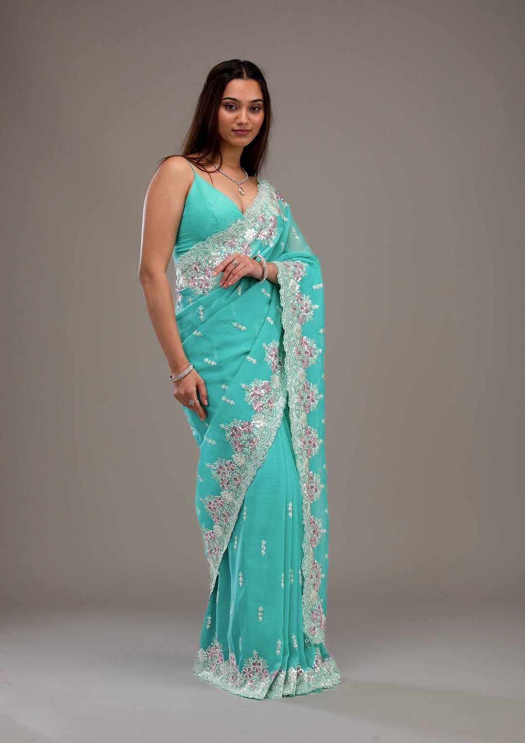 LV-SAKHI Heavy Embroidery Threads & Sequins Work With Fancy CutWork Border