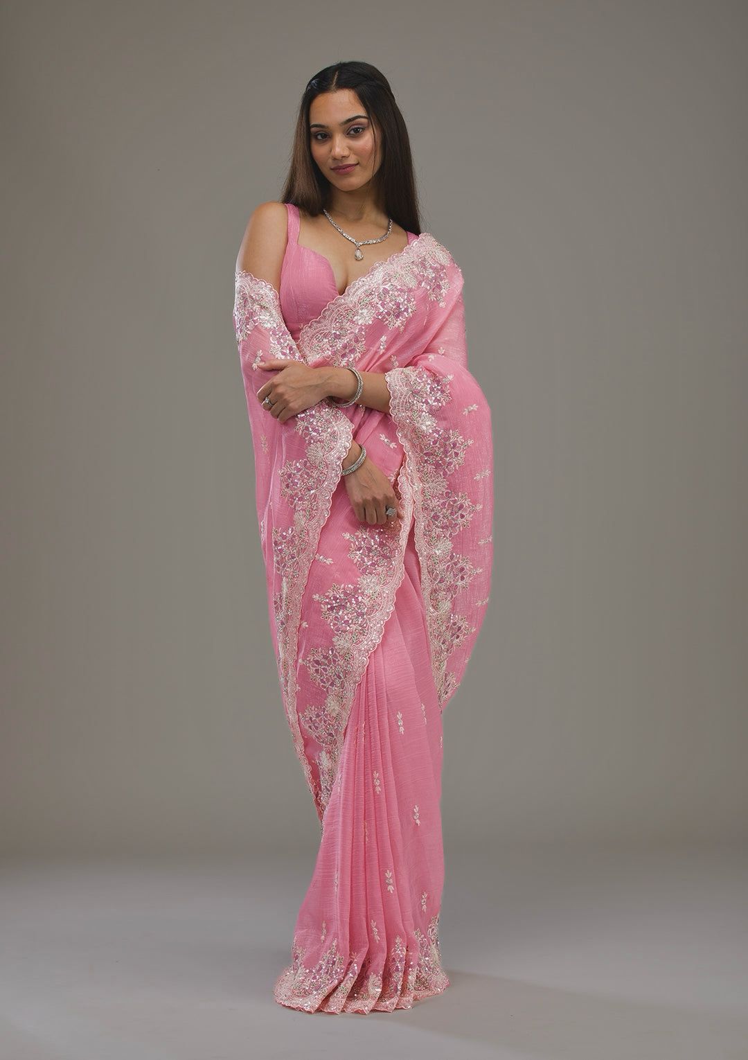 LV-SAKHI Heavy Embroidery Threads & Sequins Work With Fancy CutWork Border