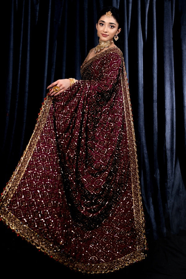 DESIGNER RECEPTION SAREE IN BURGUNDY
