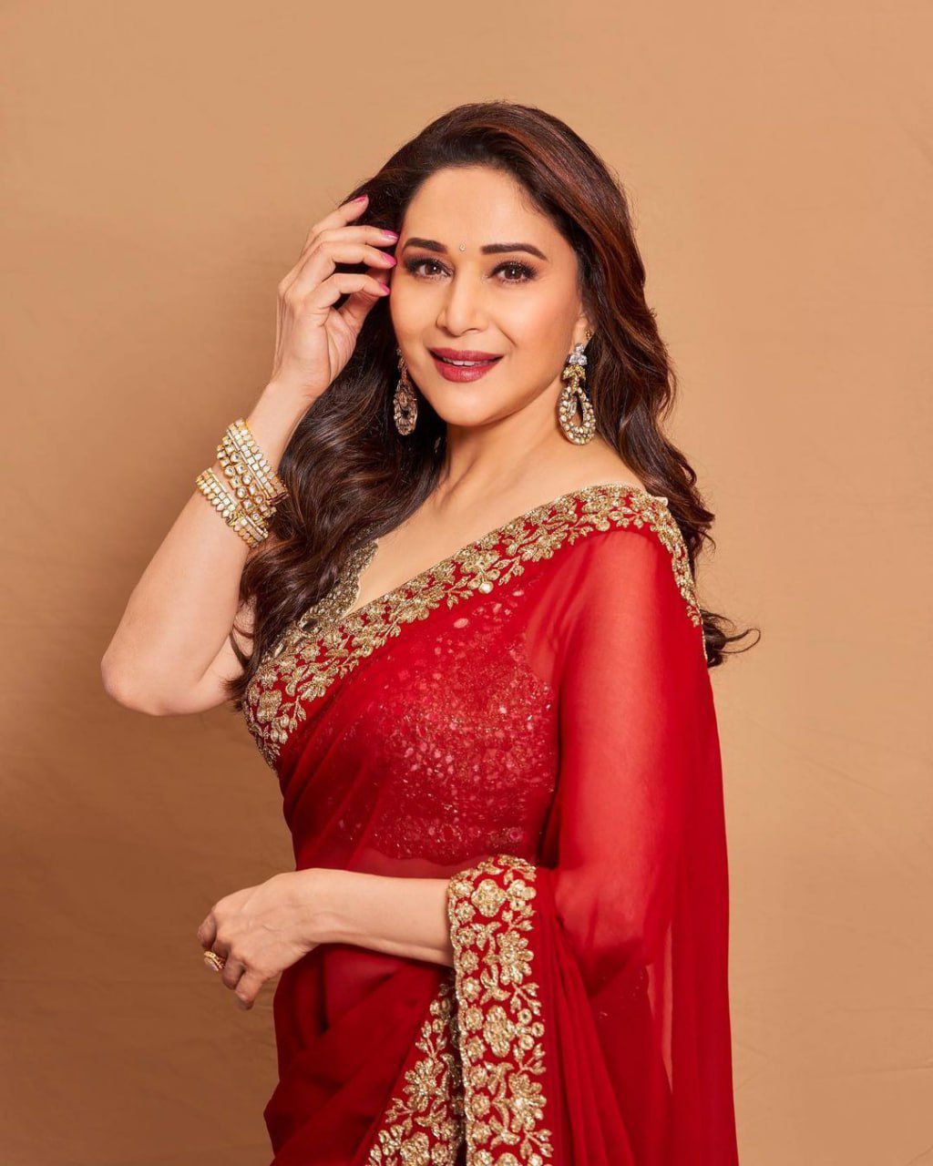 Beautiful Actress Madhuri Dixit Red Colour Party Were Saree