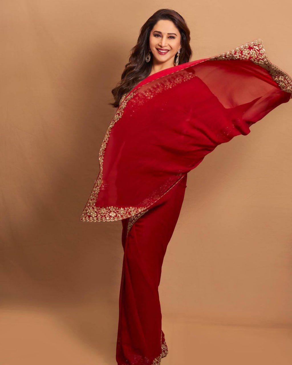 Beautiful Actress Madhuri Dixit Red Colour Party Were Saree
