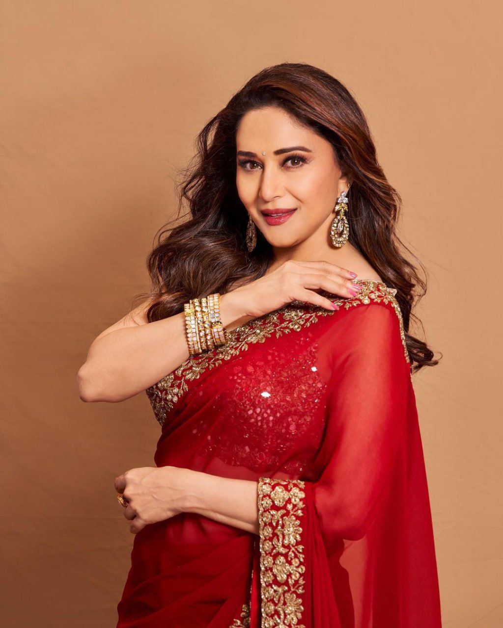 Beautiful Actress Madhuri Dixit Red Colour Party Were Saree
