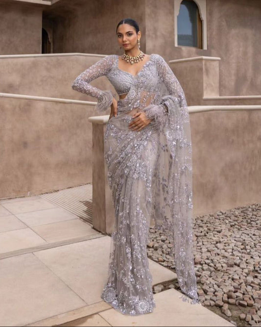 Grey Heavy Nylon Butterfly Net Saree with Sequence Work for Wedding & Party Occasions