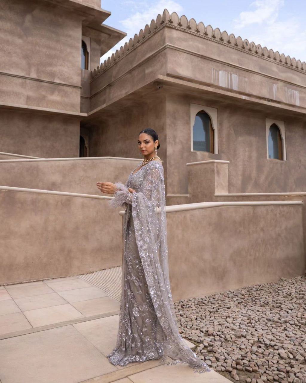 Matching Grey Nylon Blouse with Heavy Sequence Work for Ethnic Look