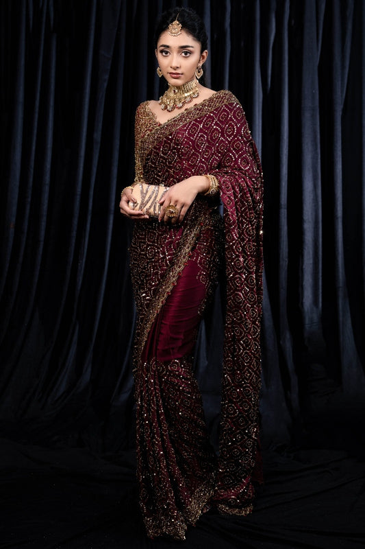 DESIGNER RECEPTION SAREE IN BURGUNDY