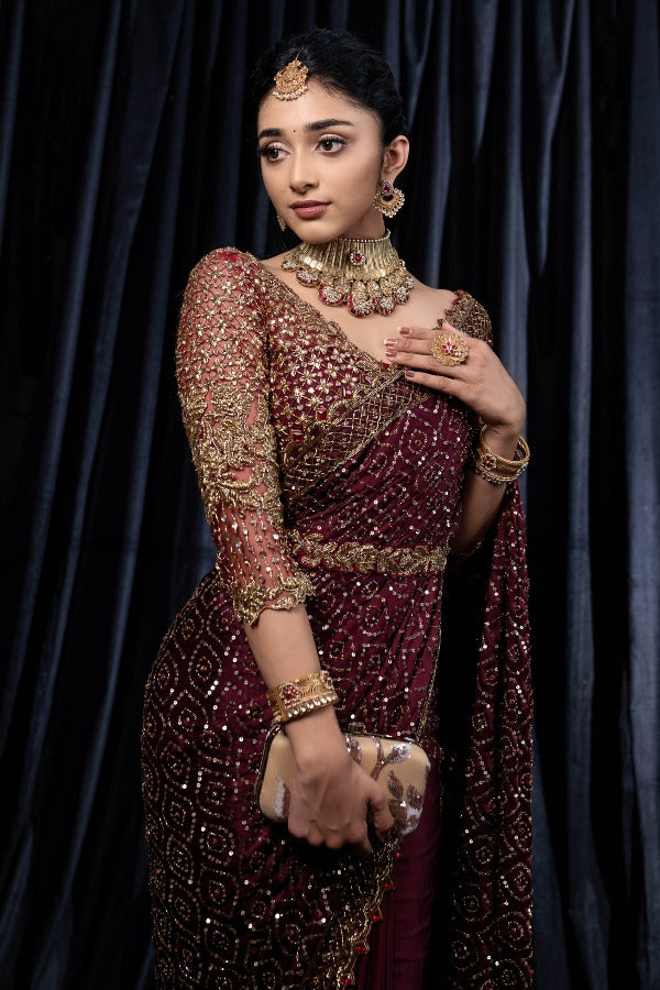 DESIGNER RECEPTION SAREE IN BURGUNDY