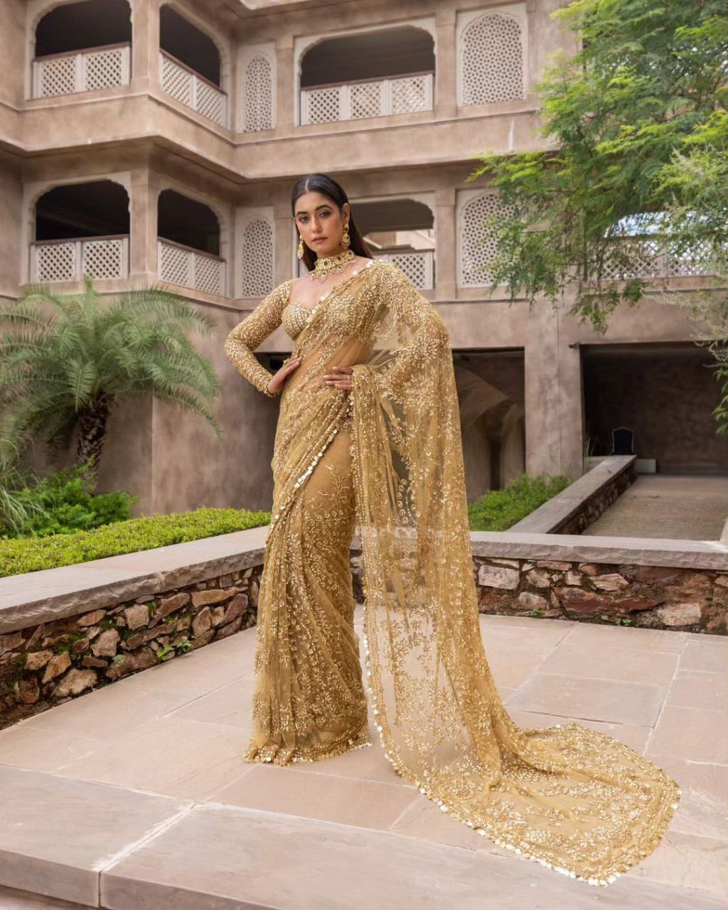 Gold Net Saree