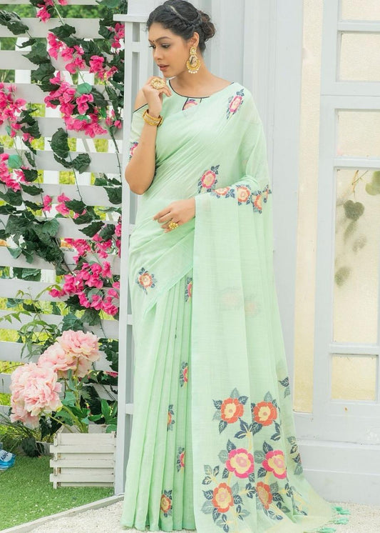 Floral  Linen Printed Saree With Printed Blous