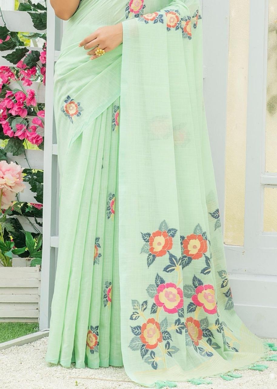 Floral  Linen Printed Saree With Printed Blous