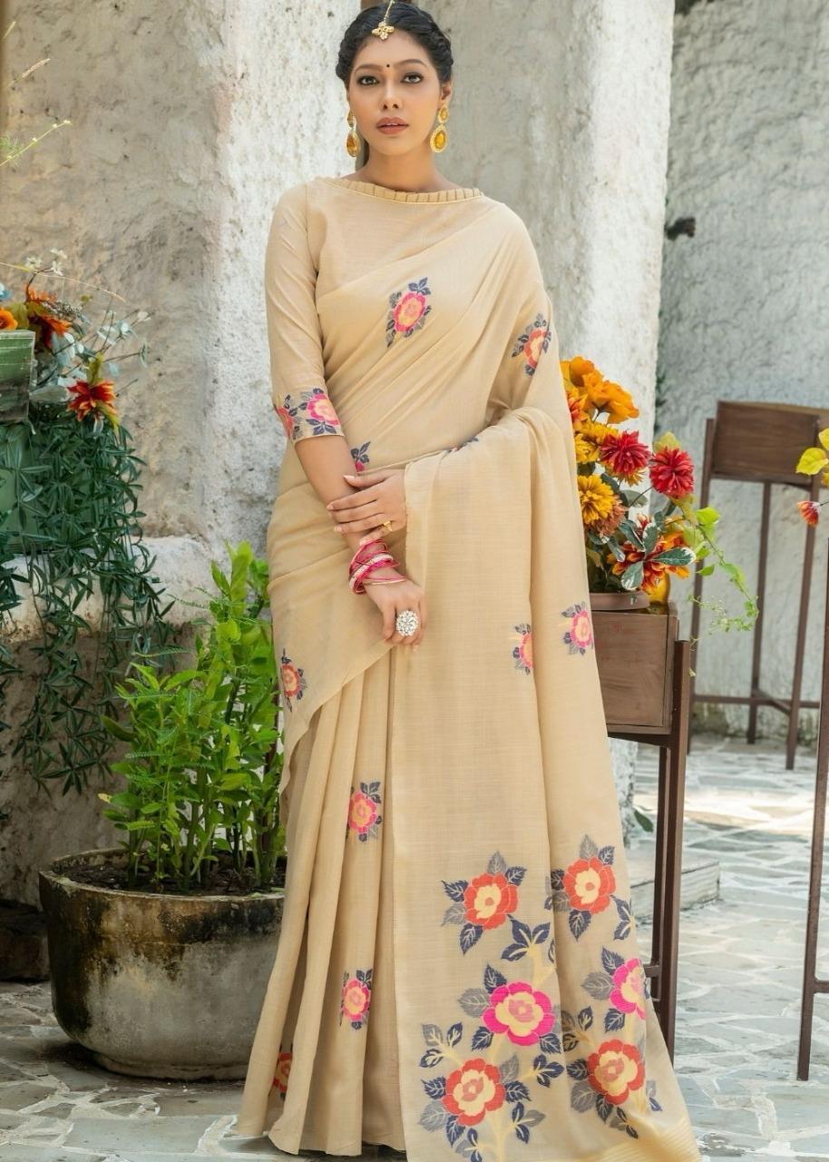 Floral  Linen Printed Saree With Printed Blous