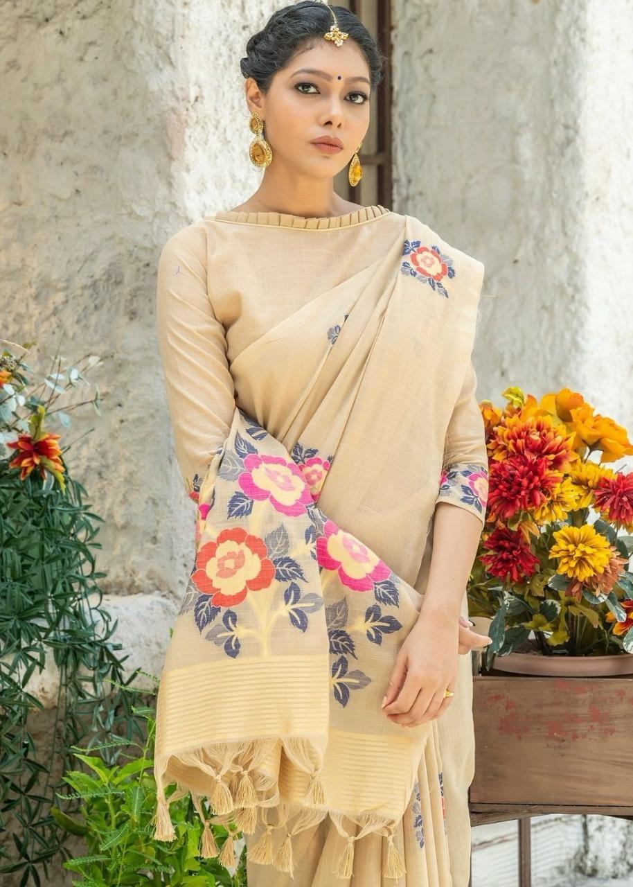 Floral  Linen Printed Saree With Printed Blous