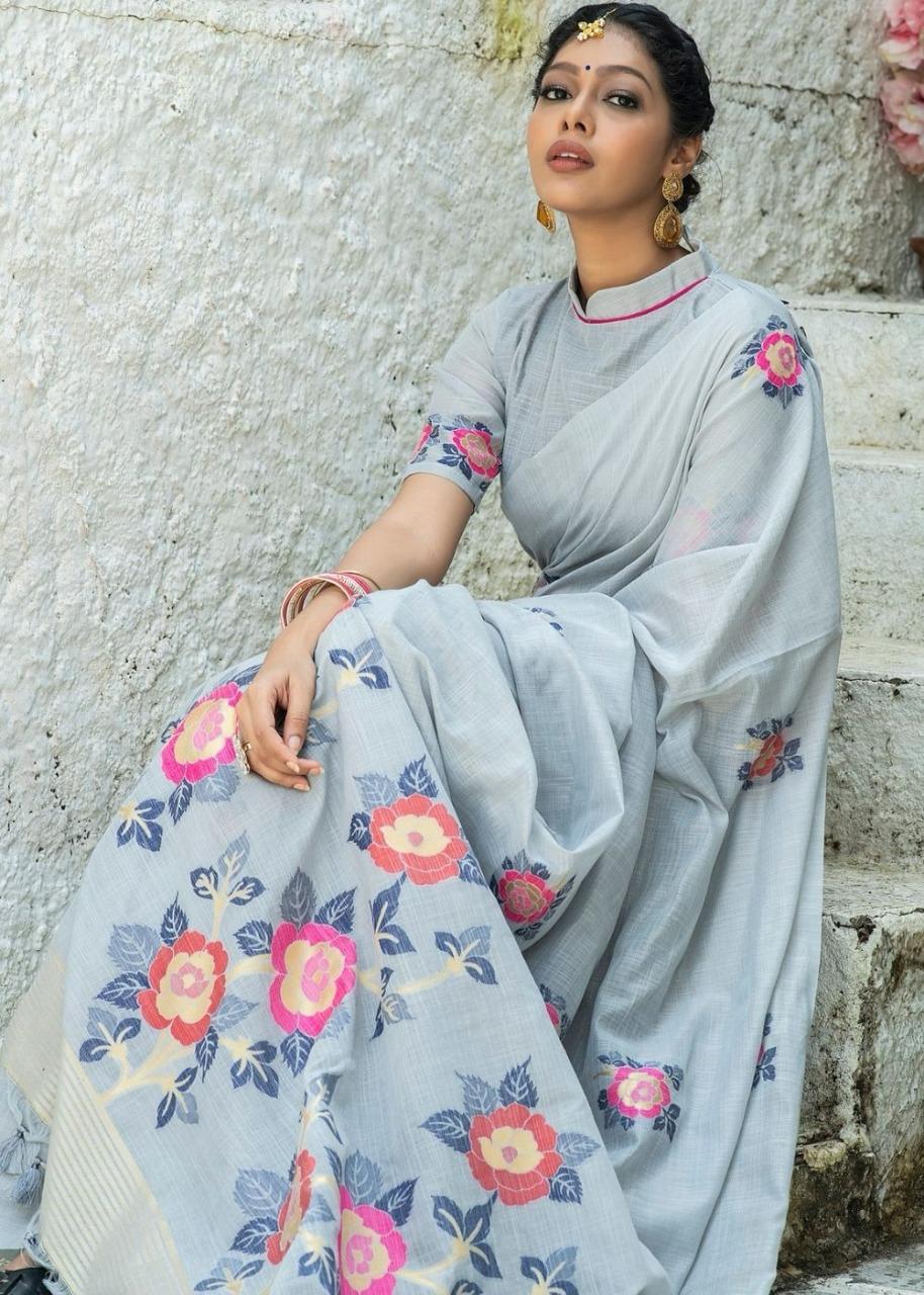 Floral  Linen Printed Saree With Printed Blous