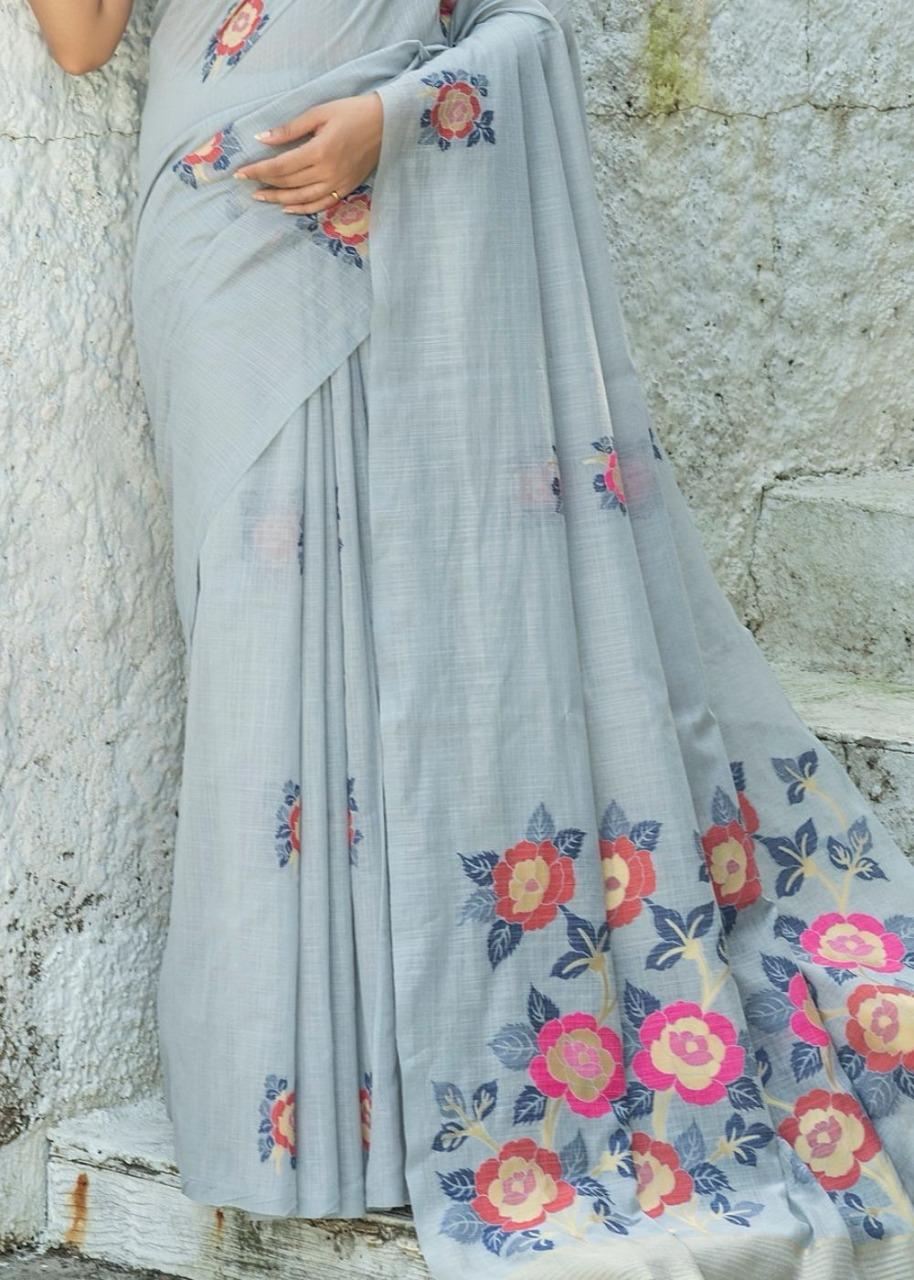 Floral  Linen Printed Saree With Printed Blous