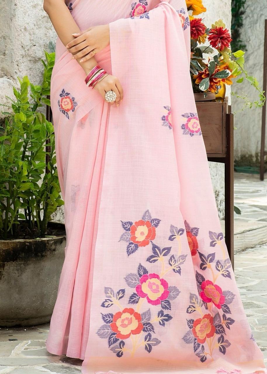 Floral  Linen Printed Saree With Printed Blous
