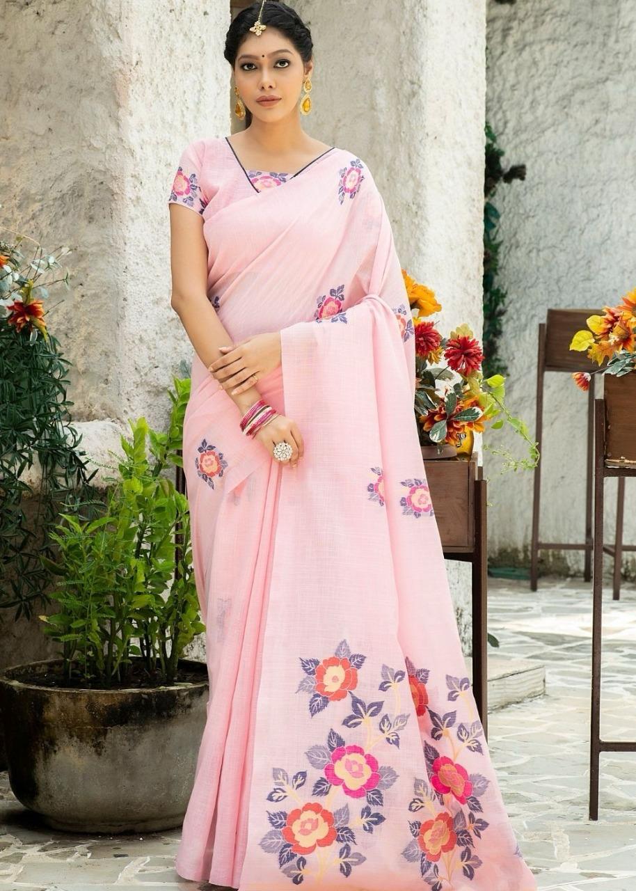Floral  Linen Printed Saree With Printed Blous