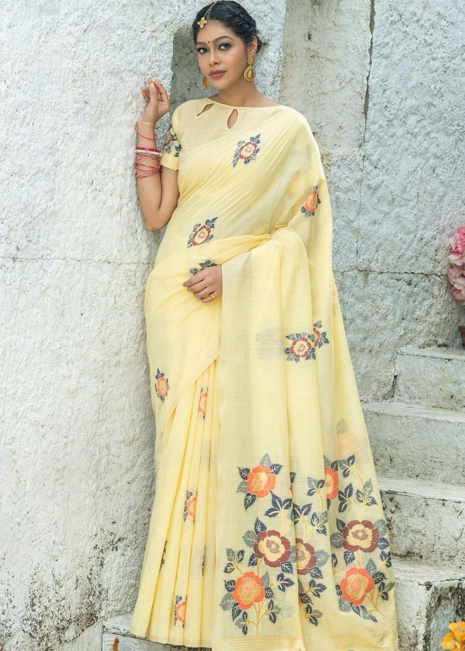 Floral  Linen Printed Saree With Printed Blous