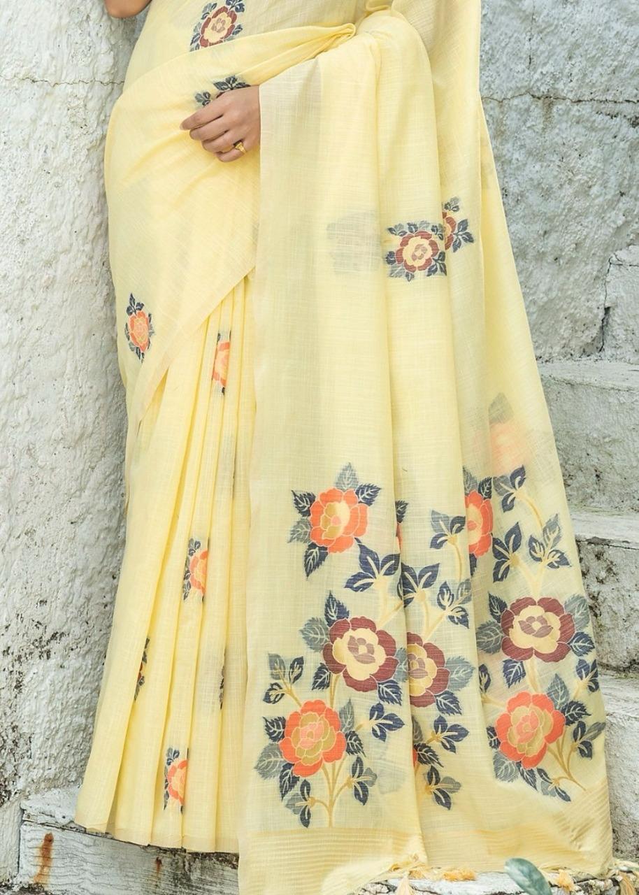 Floral  Linen Printed Saree With Printed Blous