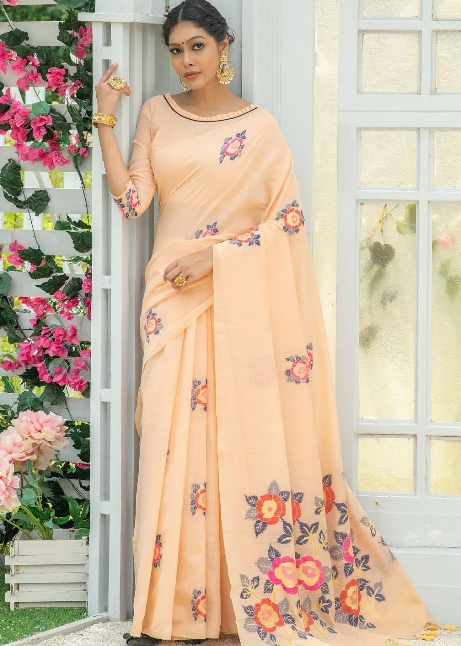 Floral  Linen Printed Saree With Printed Blous