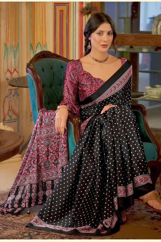 Ajrakh Digital Print Chinon Fabric Saree With Very Soft in Texture