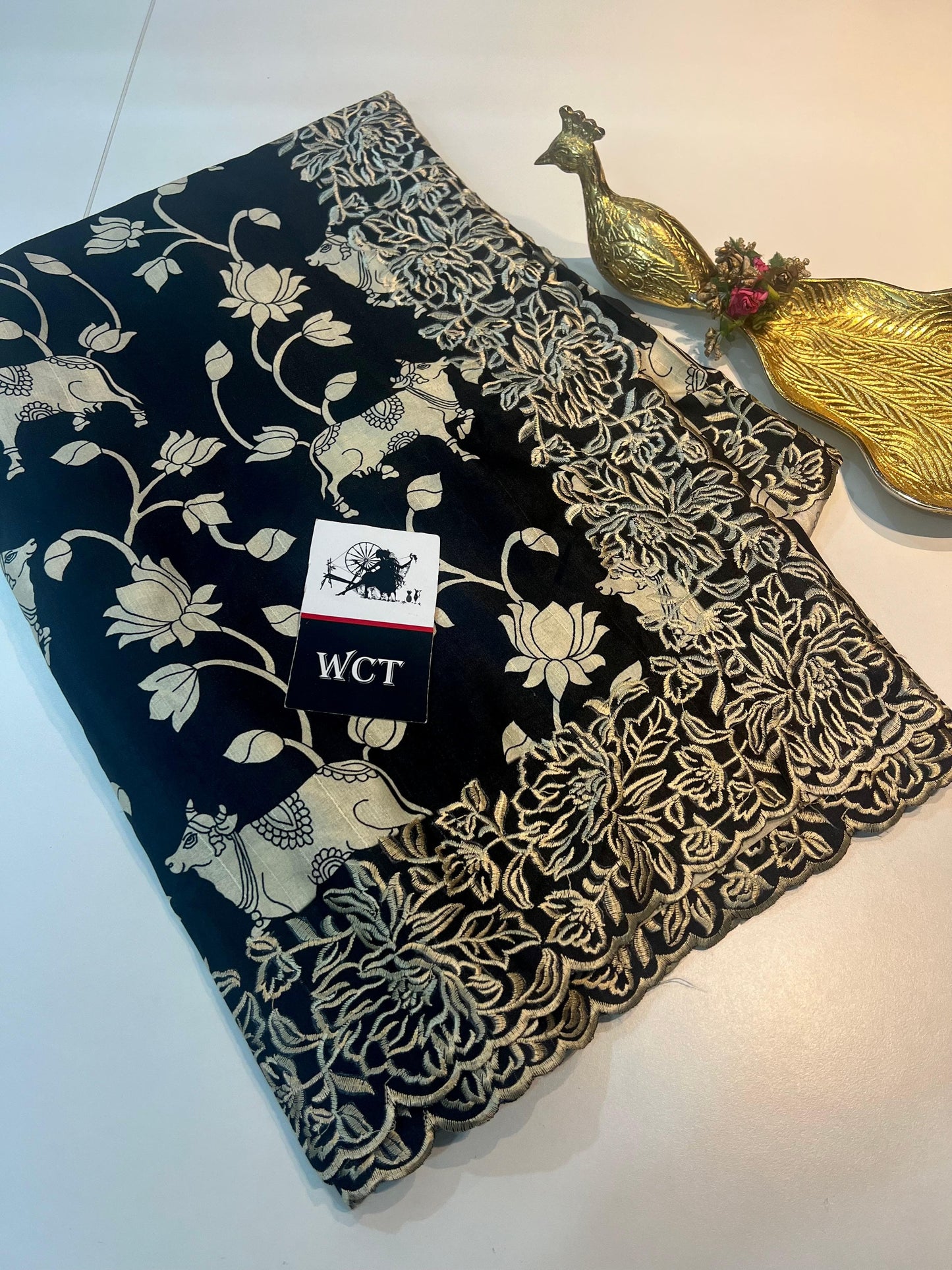 Heavy dull moss chiffon saree with kalamkari cow print