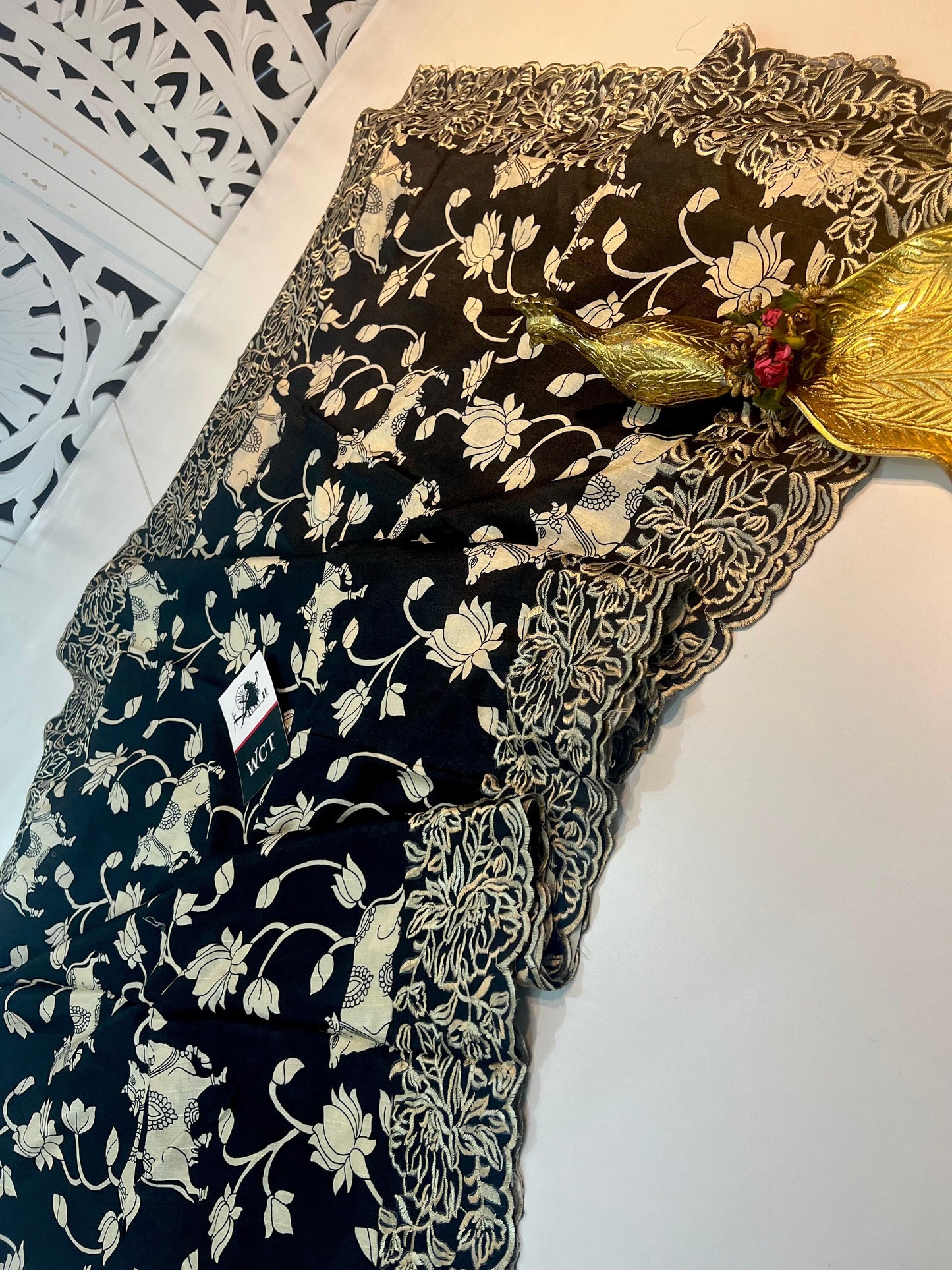 Heavy dull moss chiffon saree with kalamkari cow print