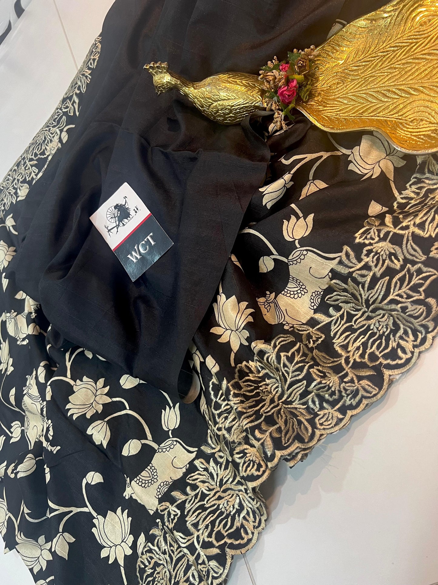 Heavy dull moss chiffon saree with kalamkari cow print