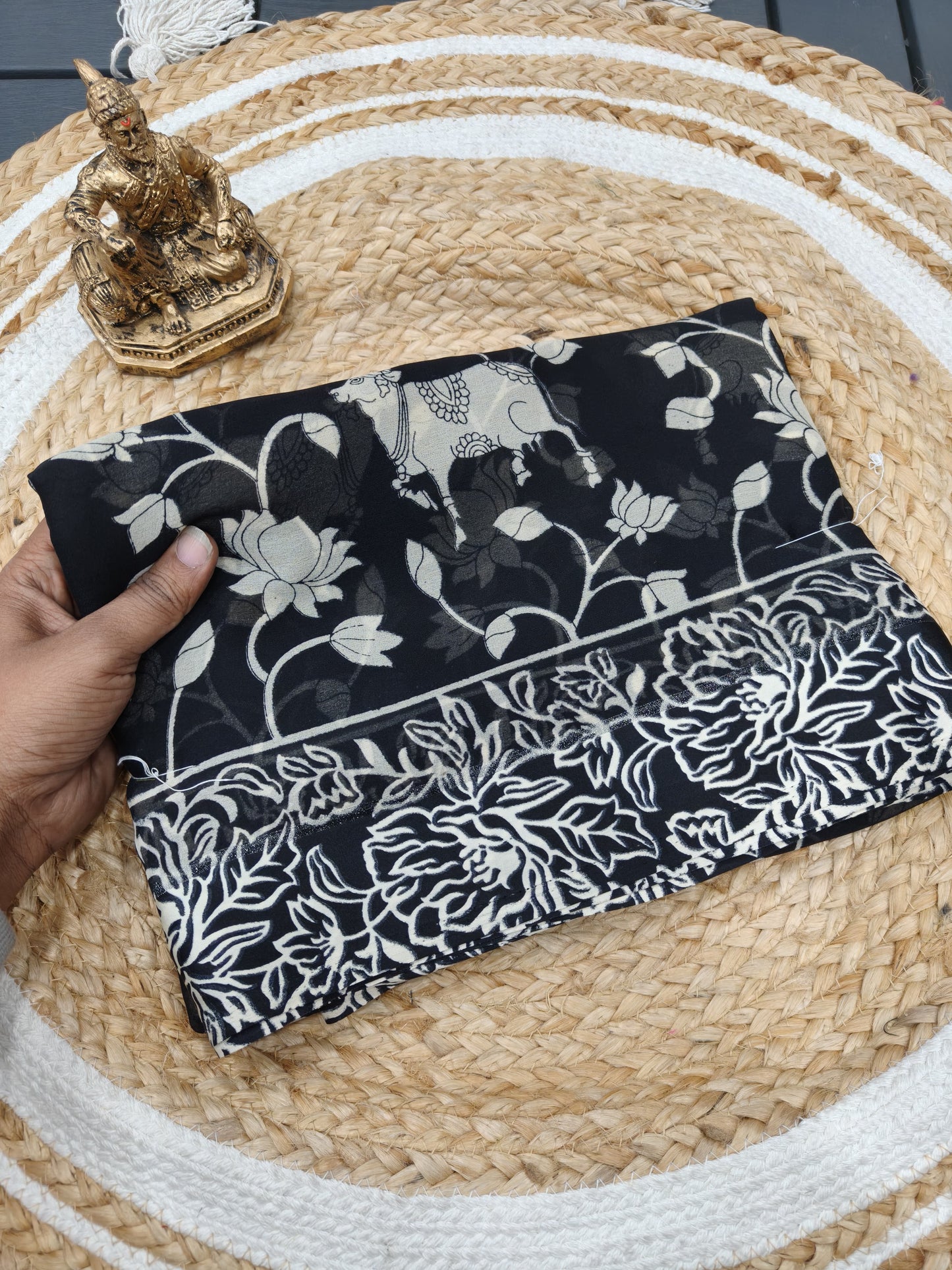 Heavy dull moss chiffon saree with kalamkari cow print