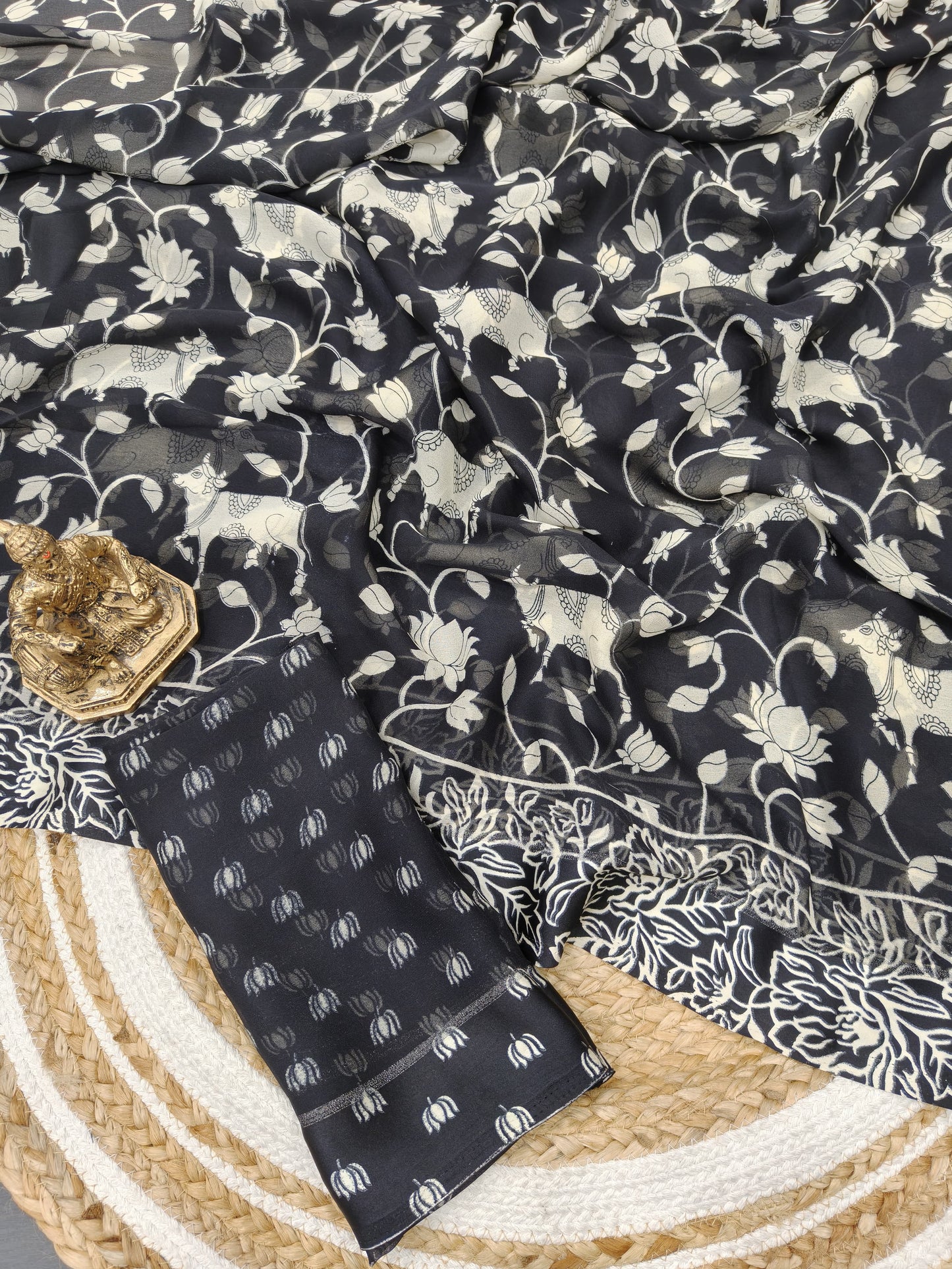 Heavy dull moss chiffon saree with kalamkari cow print