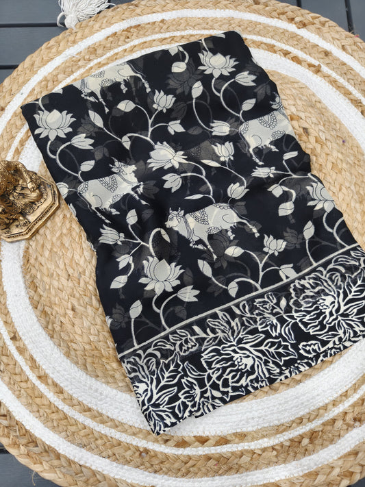 Heavy dull moss chiffon saree with kalamkari cow print