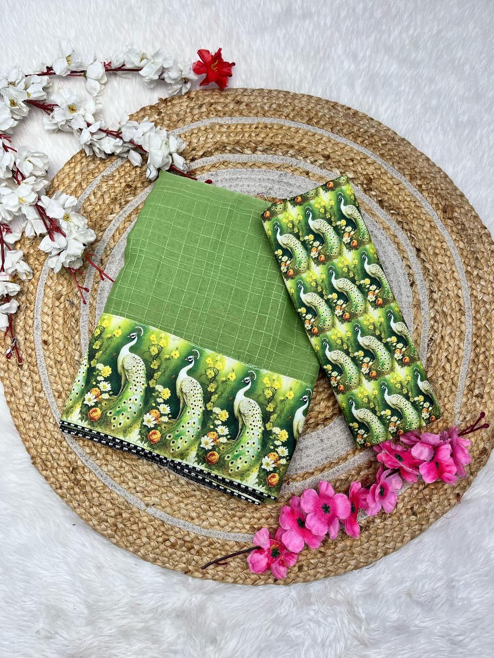 LV-SAKHI-Chiffon wrinkle chex with digital kalamkari border