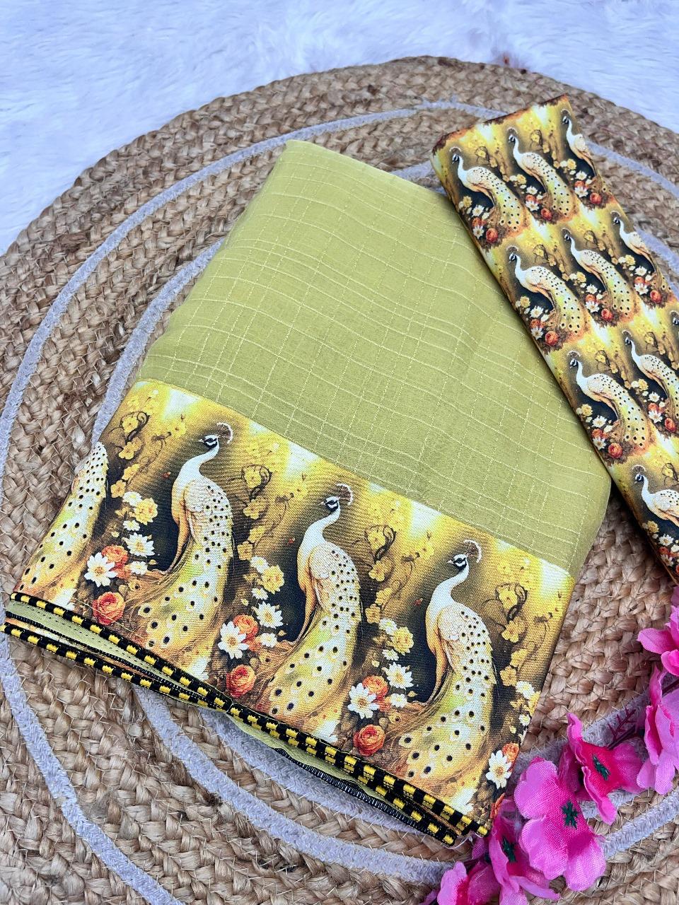 LV-SAKHI-Chiffon wrinkle chex with digital kalamkari border