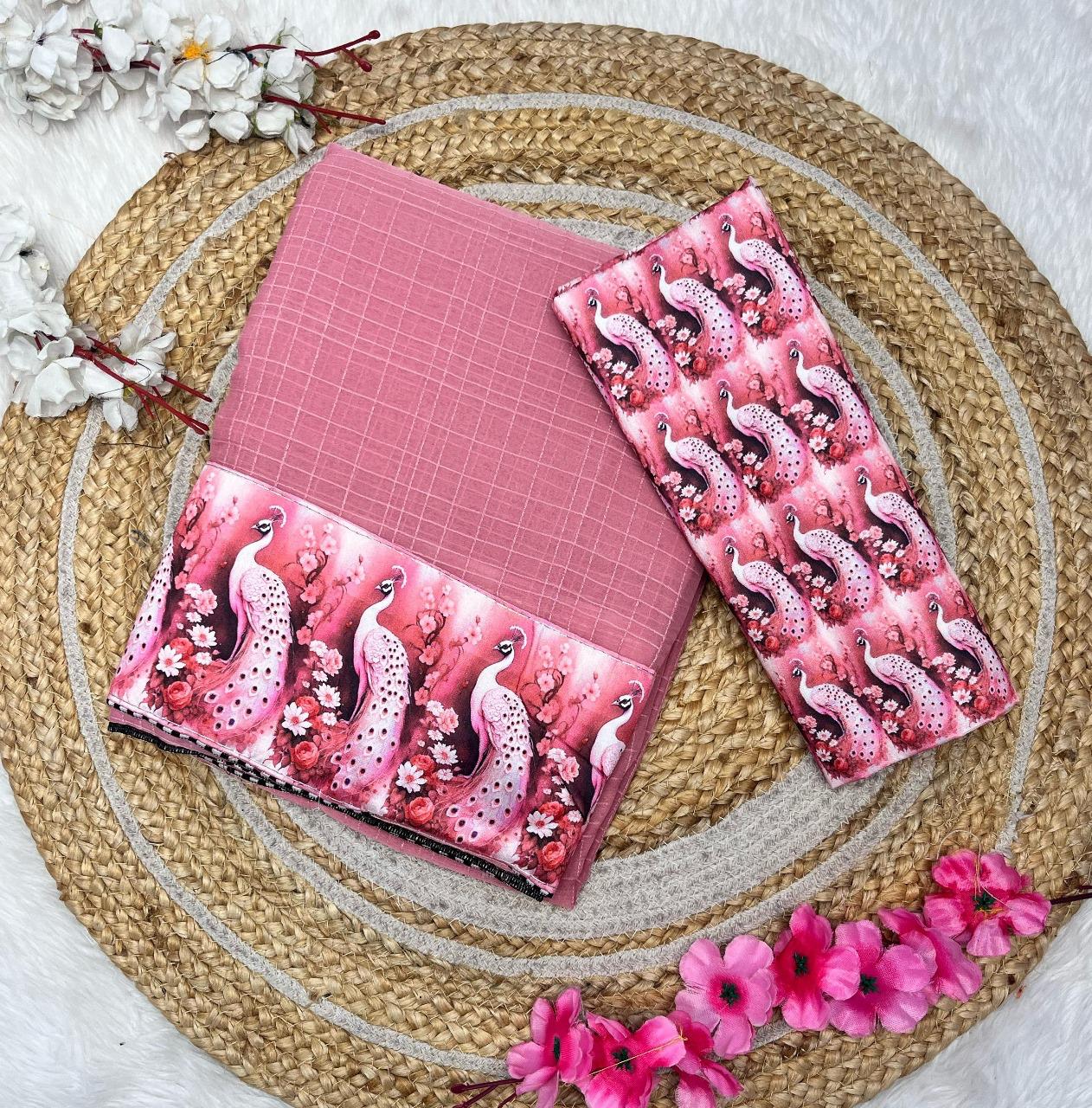 LV-SAKHI-Chiffon wrinkle chex with digital kalamkari border