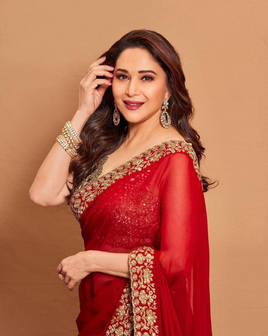 Beautiful Actress Madhuri Dixit Red Colour Party Were Saree